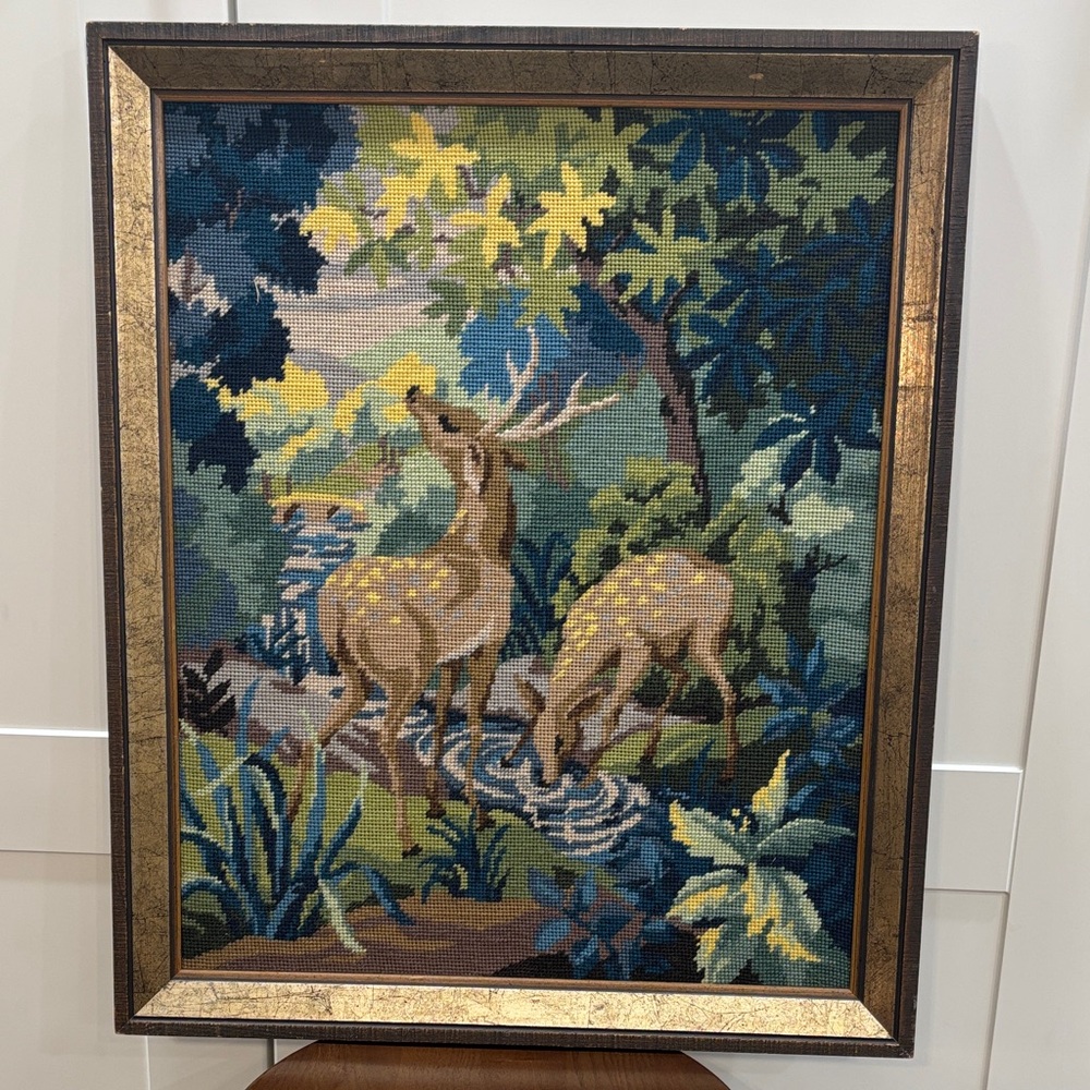 Vintage 1970s Framed Deer Tapestry Wall Art in Blue and Green